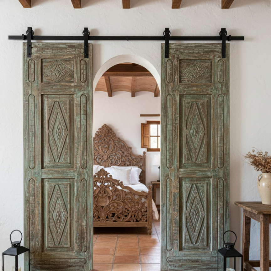 Antique Carved Door Green Floral Carved Closet Doors Sliding Door 96x29.5