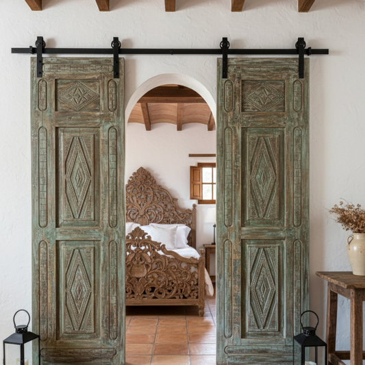 Antique Carved Door Green Floral Carved Closet Doors Sliding Door 96x29.5