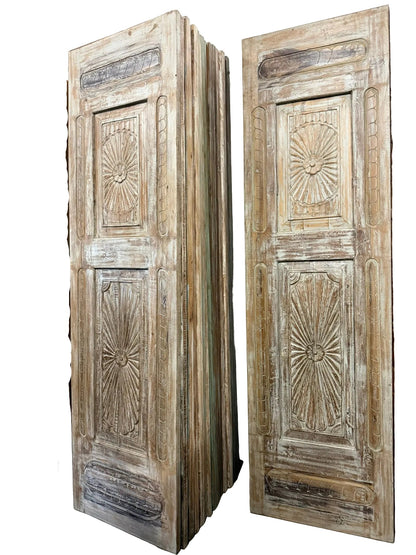 Vintage Whitewashed Door Sunburst Carved Solid Wood Sliding Barn Doors 96x27