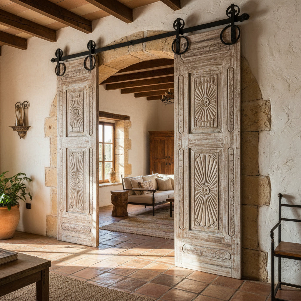 Vintage Whitewashed Door Sunburst Carved Solid Wood Sliding Barn Doors 96x27