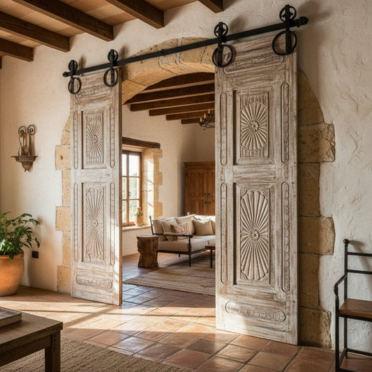 Vintage Whitewashed Door Sunburst Carved Solid Wood Sliding Barn Doors 96x27