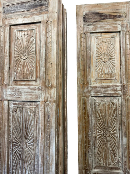 Vintage Whitewashed Door Sunburst Carved Solid Wood Sliding Barn Doors 96x27