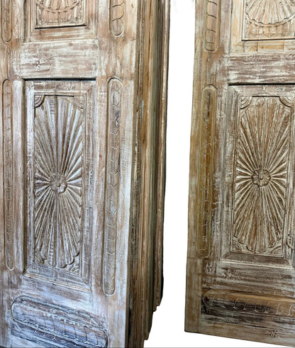Vintage Whitewashed Door Sunburst Carved Solid Wood Sliding Barn Doors 96x27