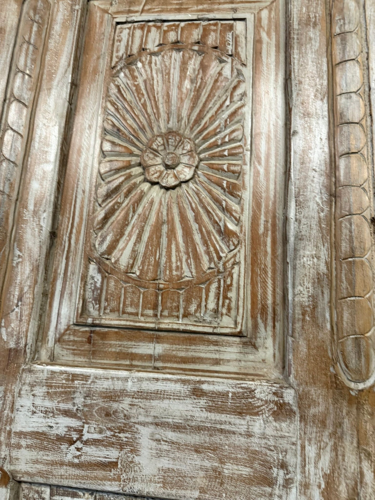 Vintage Whitewashed Door Sunburst Carved Solid Wood Sliding Barn Doors 96x27