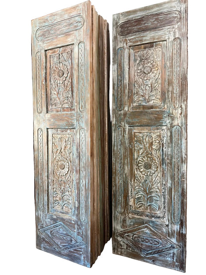 Antique Carved Wooden Door Panel | Distressed Blue Floral Barn Door 96x27