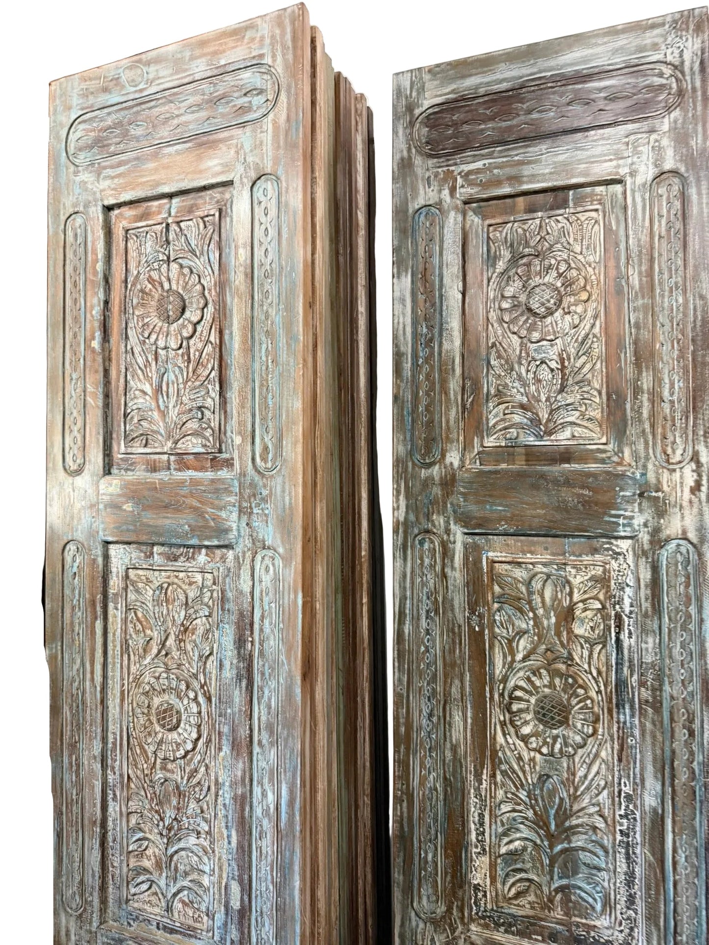 Antique Carved Wooden Door Panel | Distressed Blue Floral Barn Door 96x27
