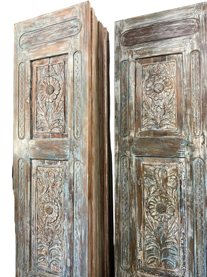 Antique Carved Wooden Door Panel | Distressed Blue Floral Barn Door 96x27