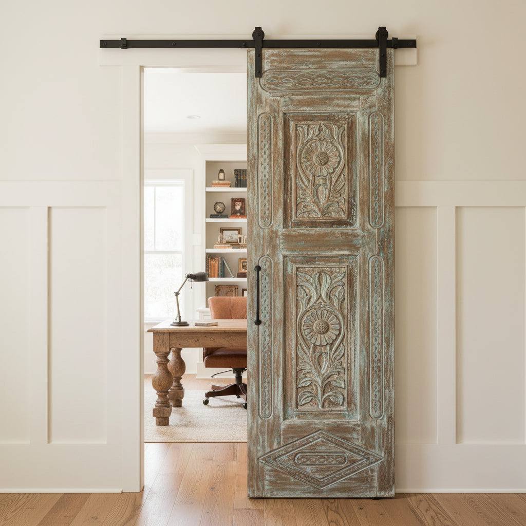 Antique Carved Wooden Door Panel | Distressed Blue Floral Barn Door 96x27