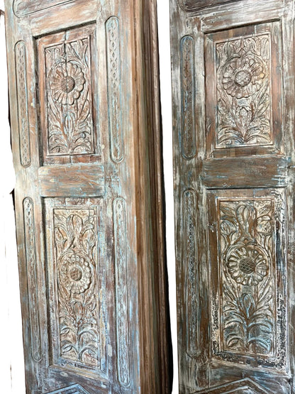 Antique Carved Wooden Door Panel | Distressed Blue Floral Barn Door 96x27