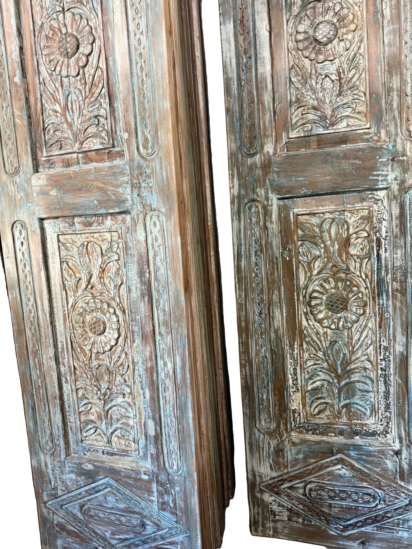 Antique Carved Wooden Door Panel | Distressed Blue Floral Barn Door 96x27