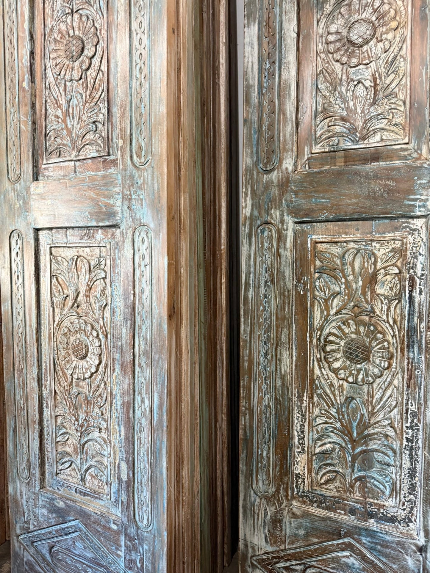 Antique Carved Wooden Door Panel | Distressed Blue Floral Barn Door 96x27