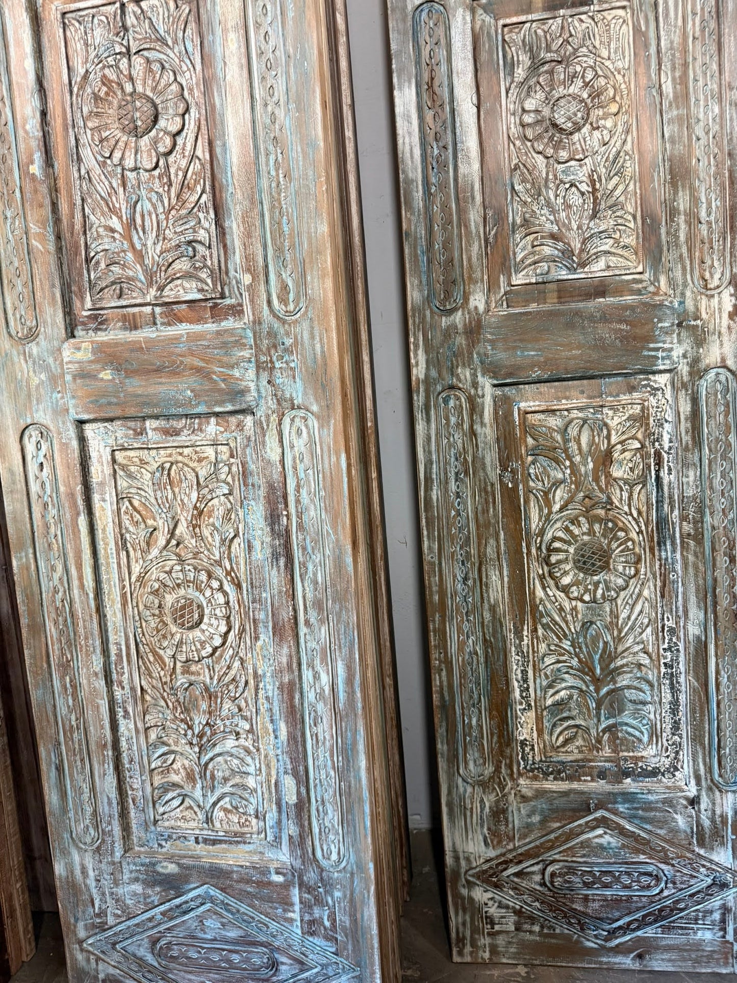 Antique Carved Wooden Door Panel | Distressed Blue Floral Barn Door 96x27