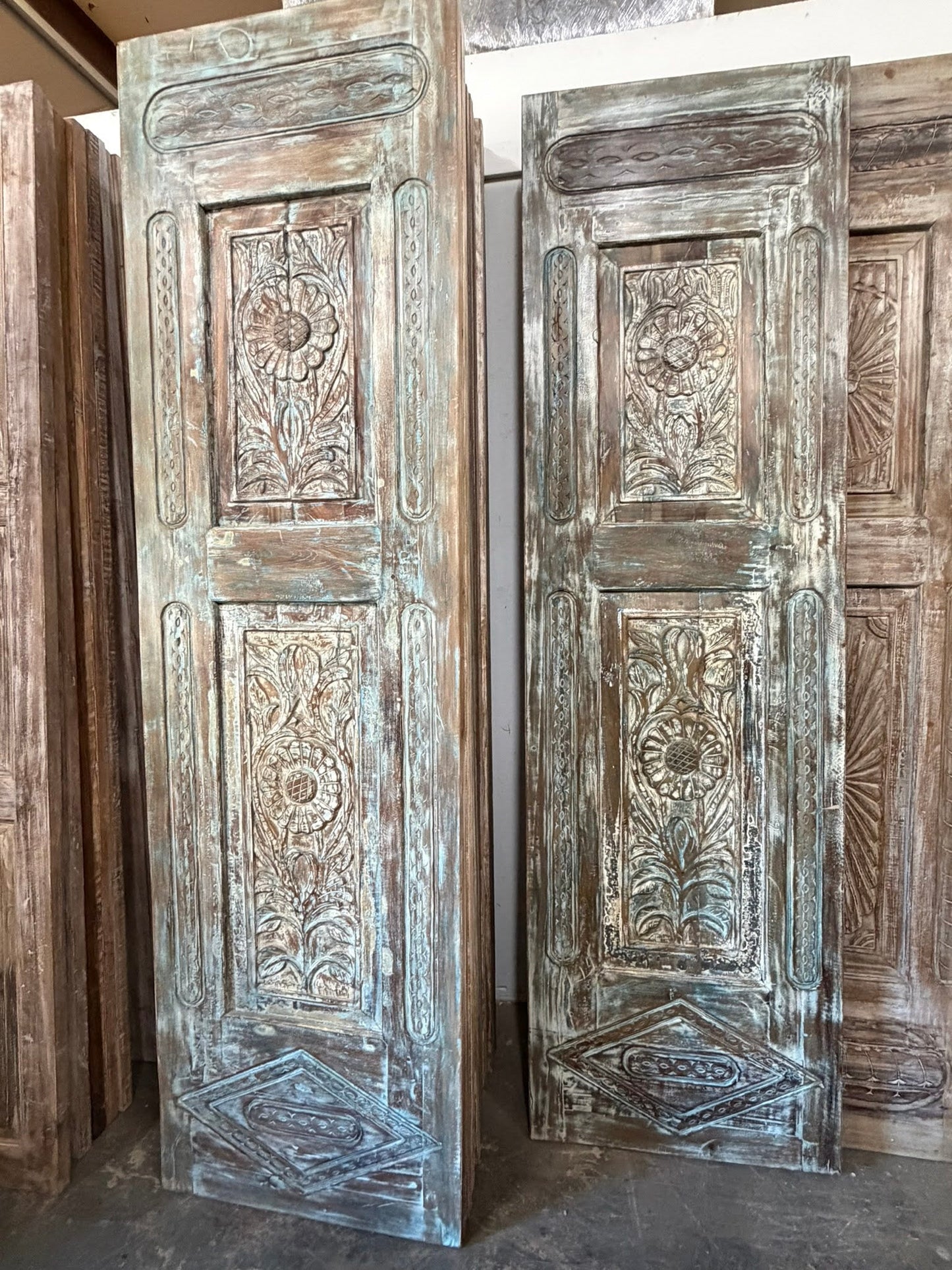 Antique Carved Wooden Door Panel | Distressed Blue Floral Barn Door 96x27
