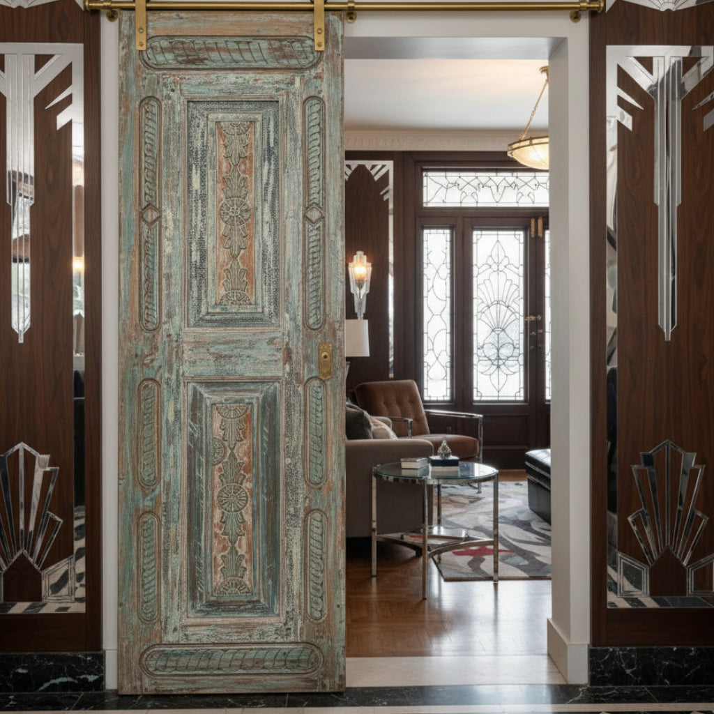 Vintage Carved Solid Wood Door – Single Rustic Sliding Barn Door Panel 96x30