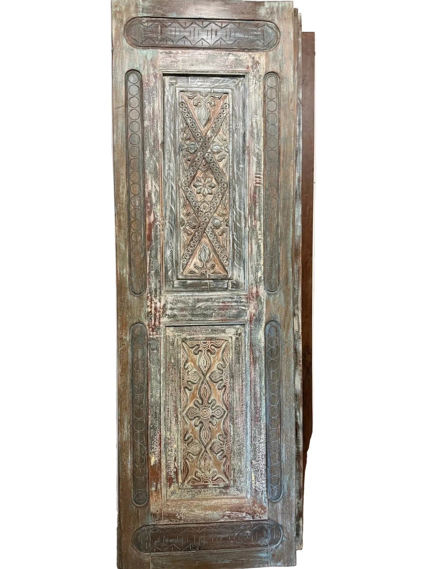 Vintage Carved Wood Barn Door Floral Distressed Teals Large Single Door 96x30
