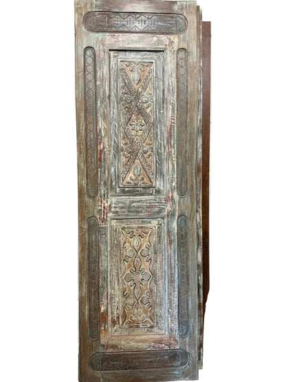 Vintage Carved Wood Barn Door Floral Distressed Teals Large Single Door 96x30