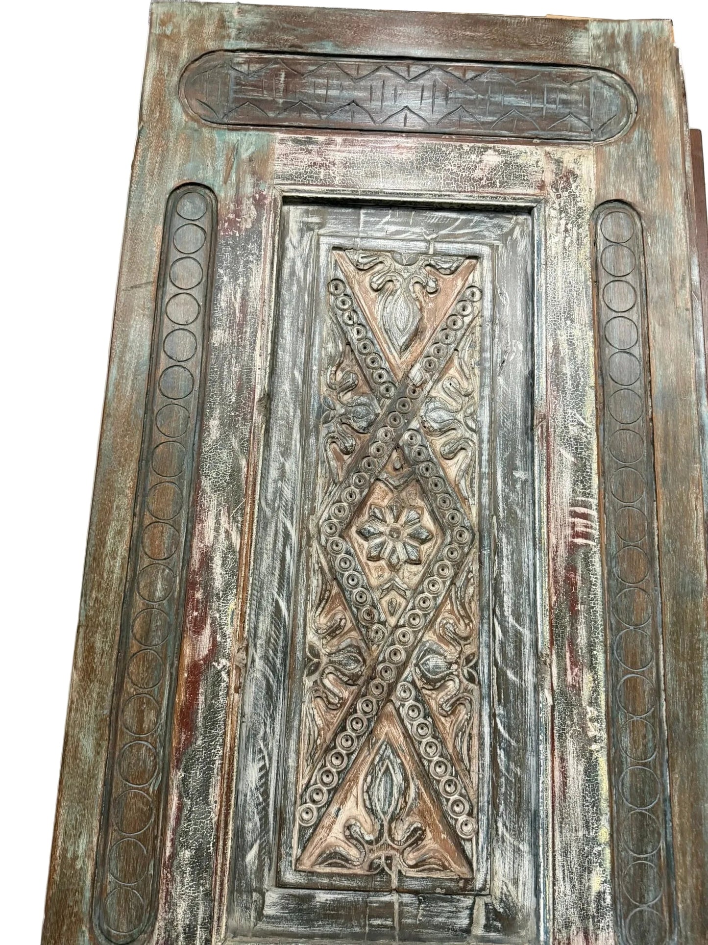 Vintage Carved Wood Barn Door Floral Distressed Teals Large Single Door 96x30