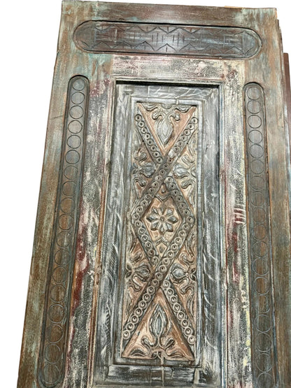 Vintage Carved Wood Barn Door Floral Distressed Teals Large Single Door 96x30