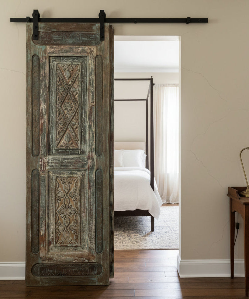 Vintage Carved Wood Barn Door Floral Distressed Teals Large Single Door 96x30