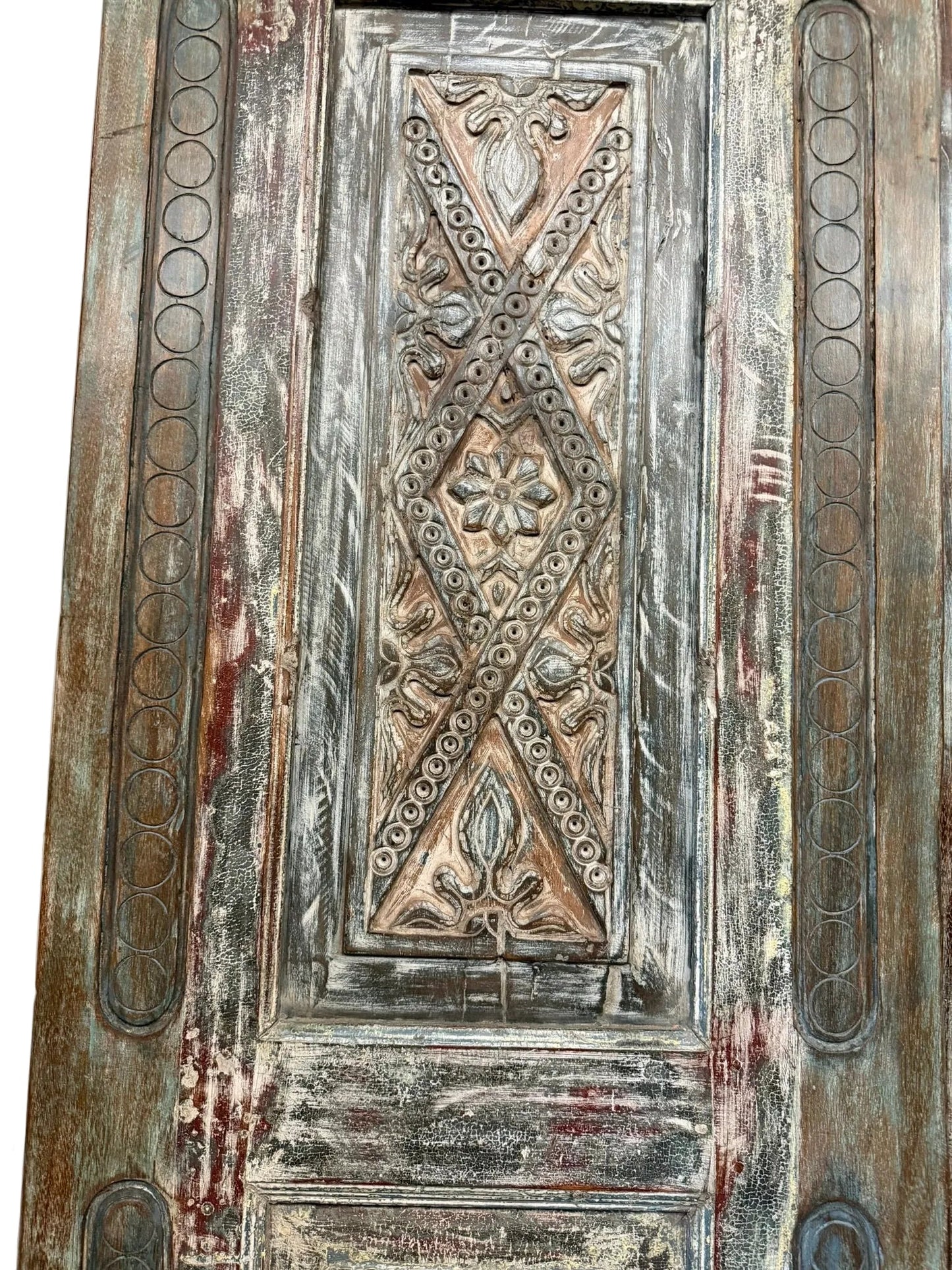 Vintage Carved Wood Barn Door Floral Distressed Teals Large Single Door 96x30