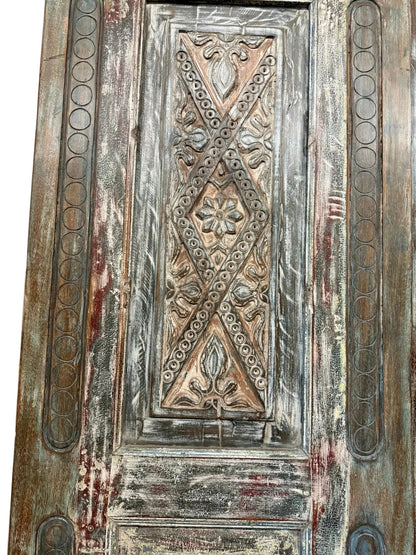 Vintage Carved Wood Barn Door Floral Distressed Teals Large Single Door 96x30
