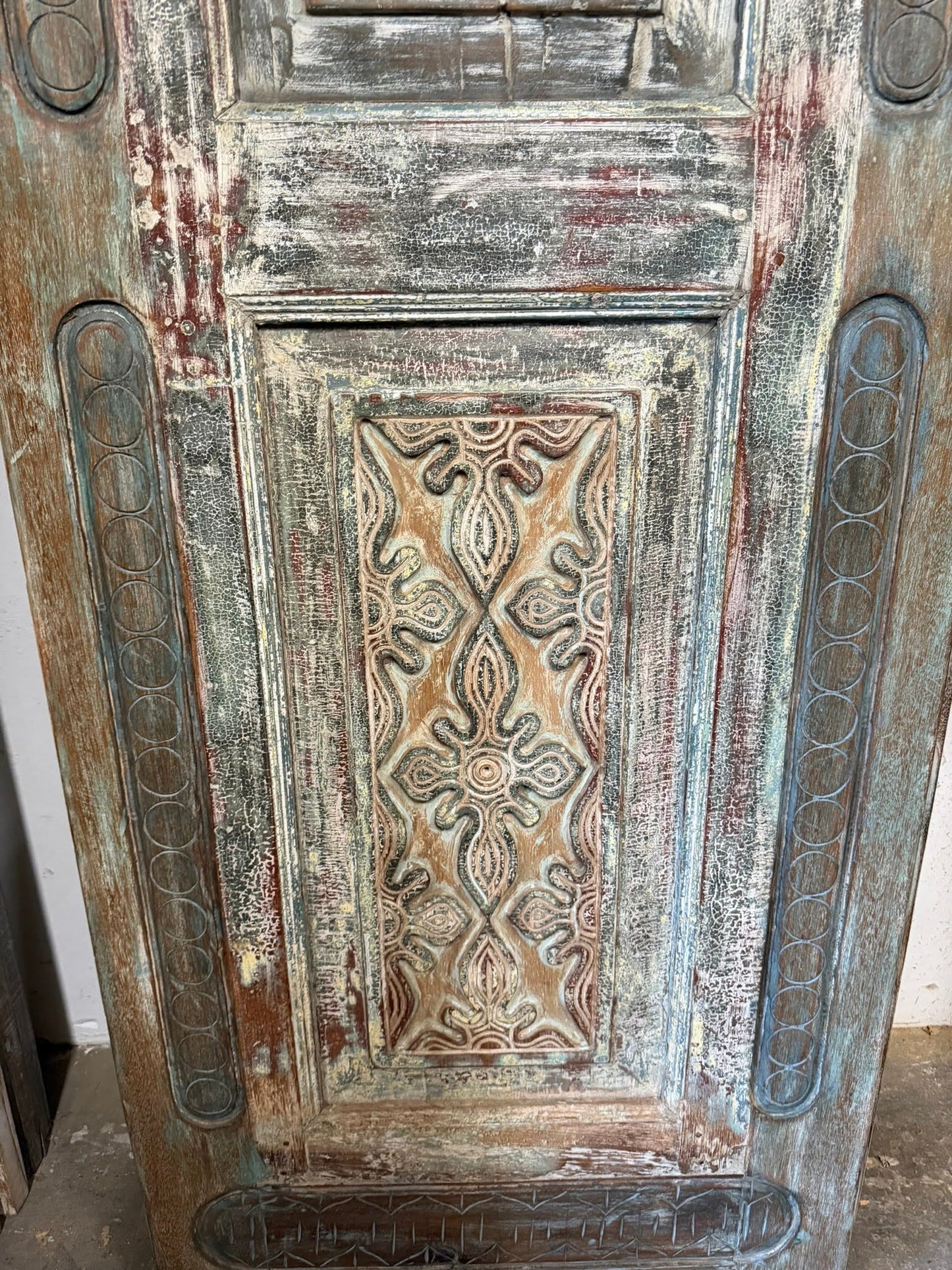 Vintage Carved Wood Barn Door Floral Distressed Teals Large Single Door 96x30