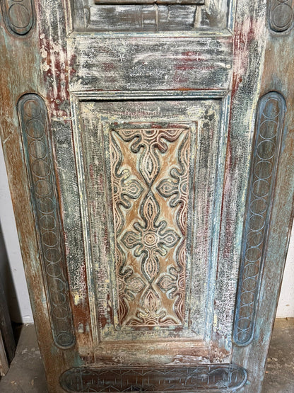 Vintage Carved Wood Barn Door Floral Distressed Teals Large Single Door 96x30