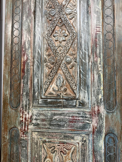 Vintage Carved Wood Barn Door Floral Distressed Teals Large Single Door 96x30