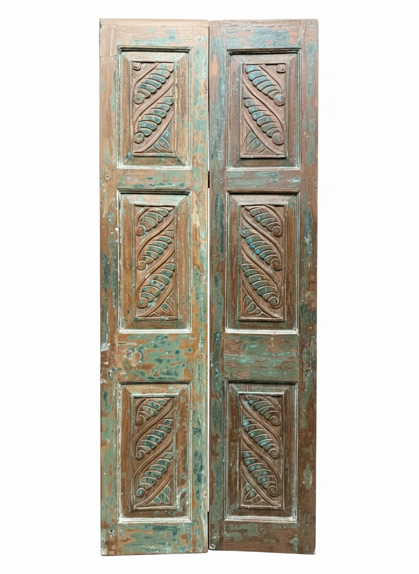 Vintage Carved Wood Double Doors Rustic Farmhouse Blue Gray Barn Doors 80x32