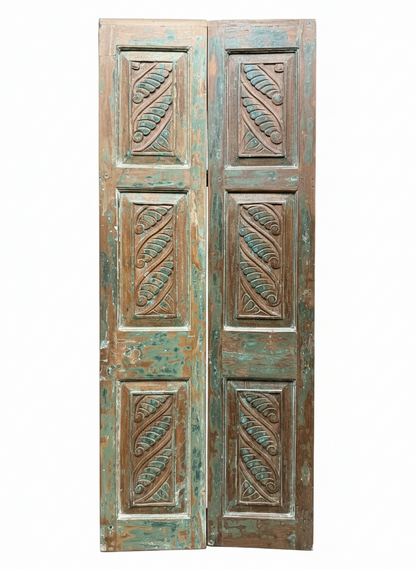 Vintage Carved Wood Double Doors Rustic Farmhouse Blue Gray Barn Doors 80x32