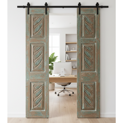 Vintage Carved Wood Double Doors Rustic Farmhouse Blue Gray Barn Doors 80x32