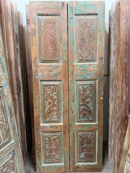 Hand Carved Vintage Wood Double Doors Distress Blue Barn Doors 80x32.5