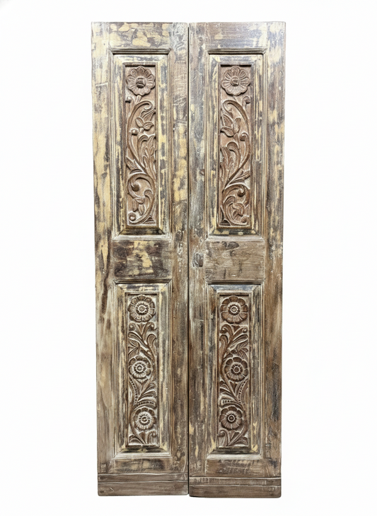 Vintage Carved Closet Doors Brown Floral Reclaimed Wood Double Door 80x32