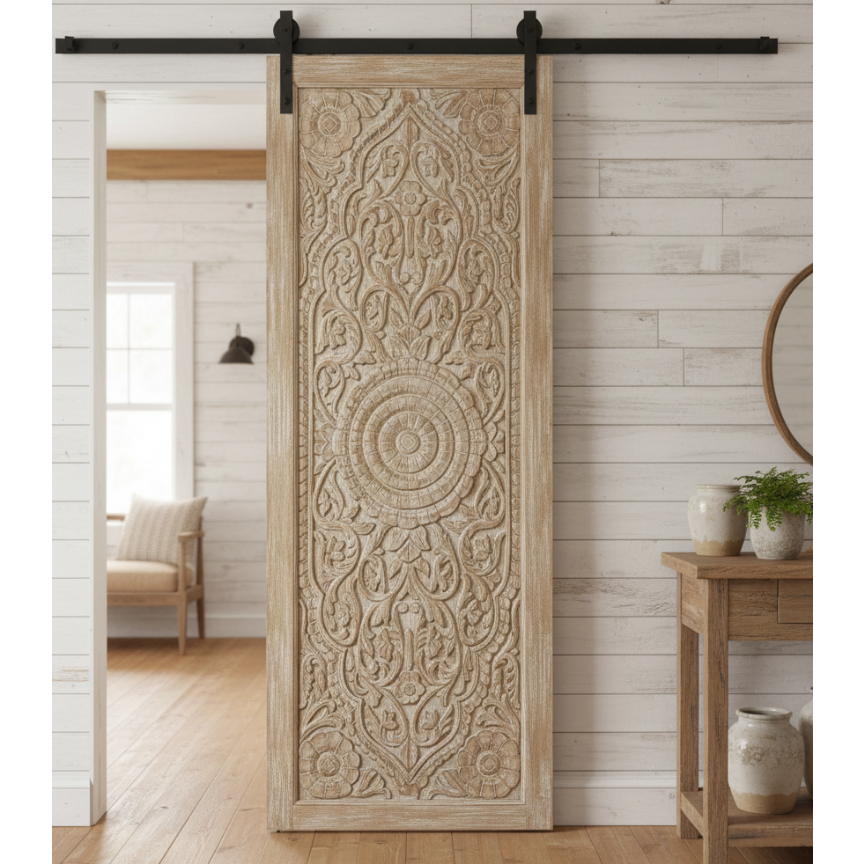 Vintage Lotus Carved Door Double Side Carved Sliding Bedroom Door 96x36
