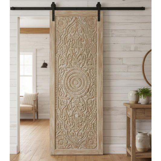 Vintage Lotus Carved Door Double Side Carved Sliding Bedroom Door 96x36