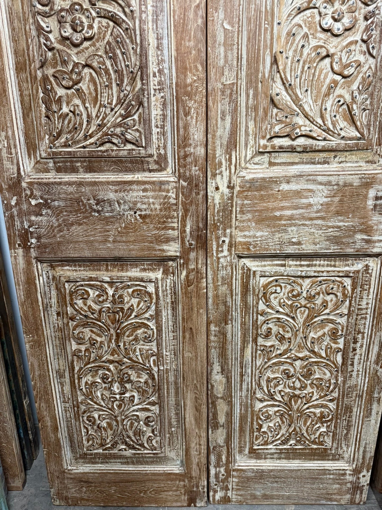 Antique Floral Barn Doors with Studs Carved Hinged or Sliding Double Doors 80x39