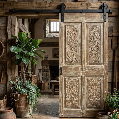 Antique Floral Barn Doors with Studs Carved Hinged or Sliding Double Doors 80x39