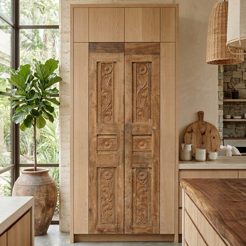 Natural Carved Wood Floral Barn Door – Statement Farmhouse Pantry Doors 80x28
