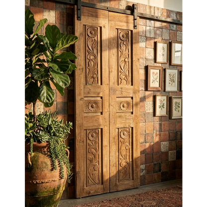 Natural Carved Wood Floral Barn Door – Statement Farmhouse Pantry Doors 80x28