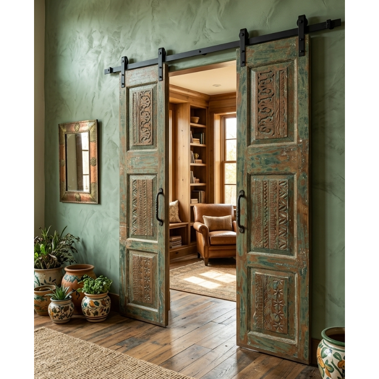 Antique Rustic Double Doors Panel Floral Hand Carved Custom French Doors 80x32